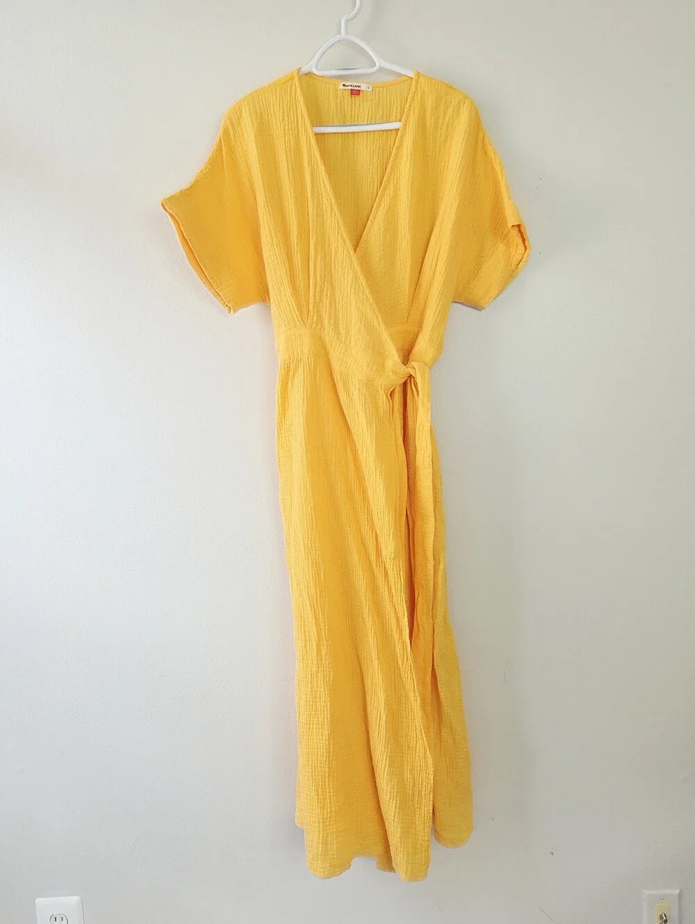 Marine Layer Valencia Wrap Midi Dress Marigold golden yellow cotton gauze Large